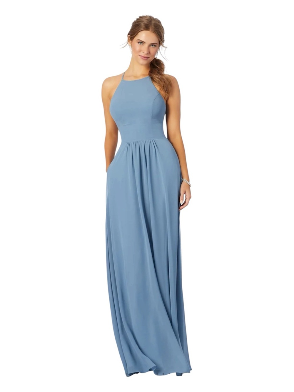 CHIFFON BRIDESMAID DRESS WITH HIGH HALTER NECKLINE